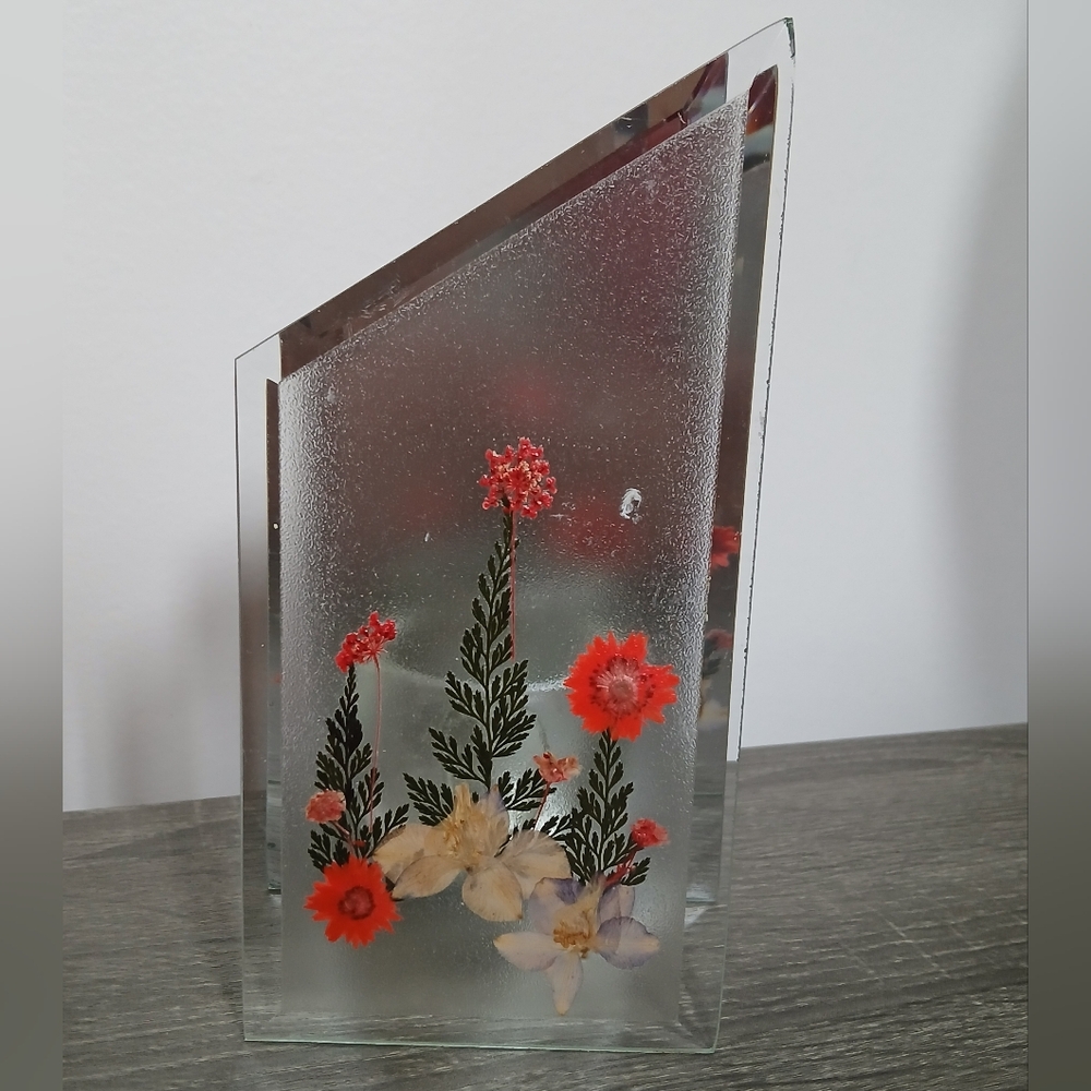 Vtg Pressed Flowers Glass Mirrored Candle Holder for Tea Light Votive